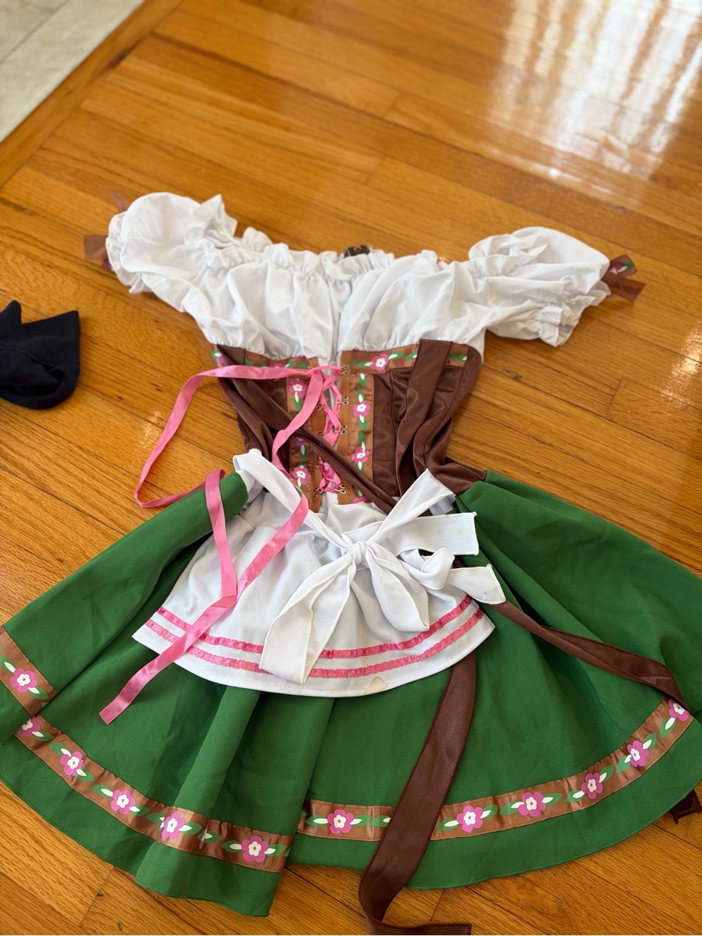 Brown & Green Peasant Dress Kids Costume with White Apron